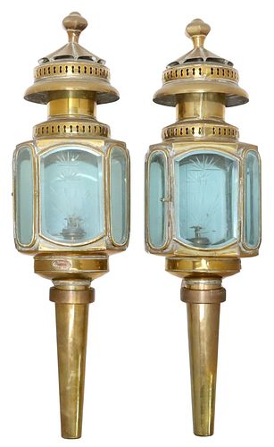 (2) BRASS-FRAME & CUT GLASS CARRIAGE LANTERNS/ LAMPS
