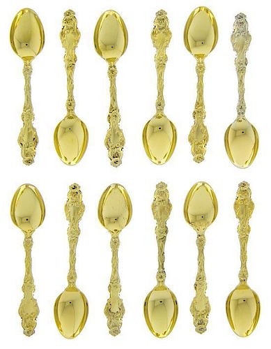 A Set of Twelve American Silver-Gilt Demitasse Spoons, Gorham Mfg. Co., Providence, RI, 20th Century, Virginiana pattern