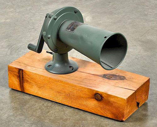 WW II era US Army Klaxon 10 Chemical Warfare Service alarm, mounted to a wood block, 11'' w.