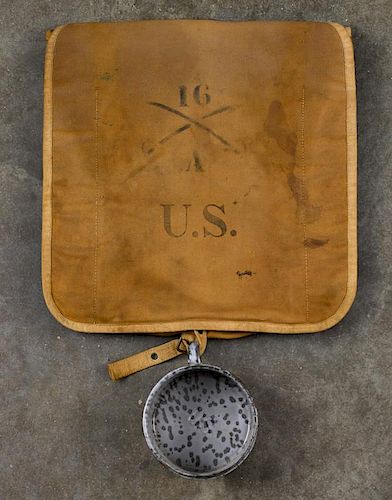 US model 1874 clothing bag, stenciled US Recruit, signed in period ink E. Beyer - A.A.S., 12 1