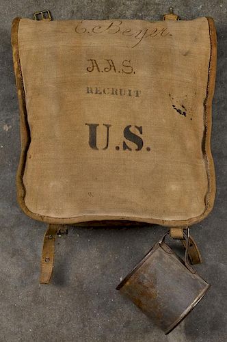 Indian war era US clothing bag, with stenciled cross swords, 16 A, 14 1/4'' w., together with a g