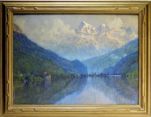 FINE H.A Dyer Lake Thun Swiss Landscape Painting