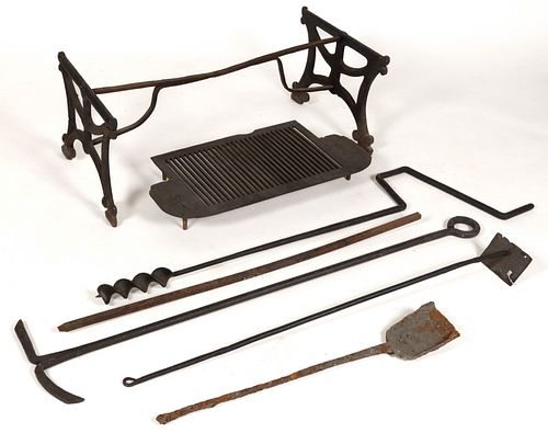 VIRGINIA STOVE BASE / FIREPLACE ACCESSORIES AND OTHER IRON TOOLS, LOT OF SEVEN