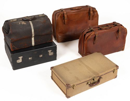 ANTIQUE AND VINTAGE LEATHER AND OTHER LUGGAGE / SUITCASES, LOT OF FIVE
