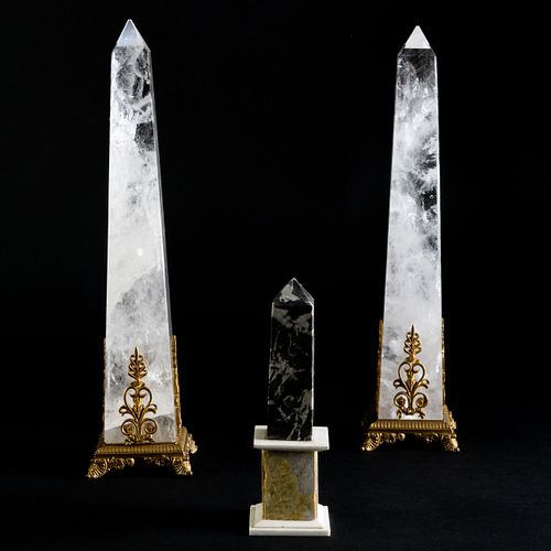 Pair of Ormolu-Mounted Rock-Crystal Obelisks and a Small Marble Obelisk 