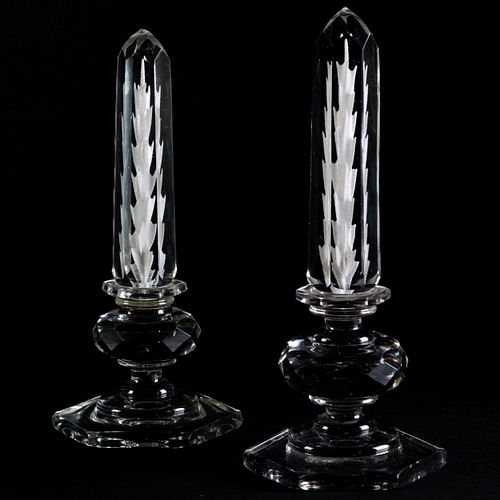 Pair of Internally Decorated Cut Glass Obelisks