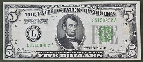 1928 B FIVE DOLLAR BILL