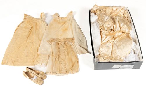 ANTIQUE WEDDING DRESS, SHOES, AND BABY CLOTHING, LOT OF SIX