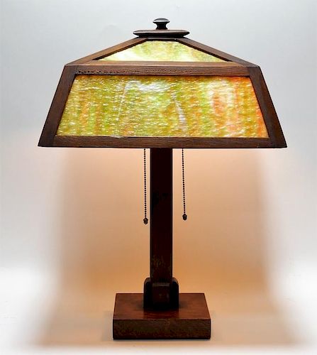 American Arts & Crafts Oak Green Slag Glass Lamp