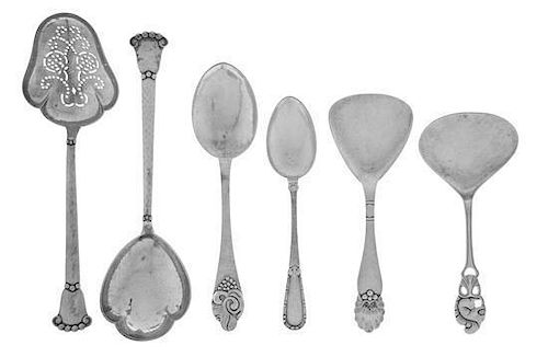 * A Group of Five Danish Silver Servers, Various Makers, First Half 20th Century, each with spot-hammered surface, comprising 1
