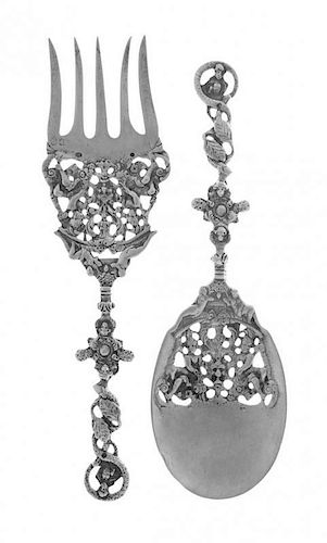A Pair of Continental Silver Servers, Probably Dutch or German, 20th Century, comprising a serving spoon and serving fork, each