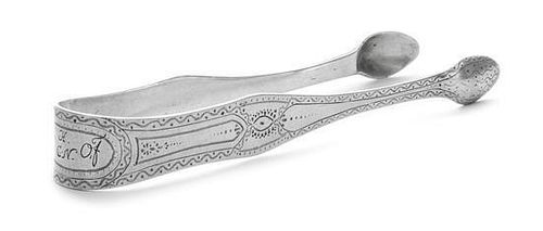A Pair of Swedish Silver Sugar Tongs, Boye, Stockholm, 1788, bright-cut and engraved with wriggle-work and dotted panels, the en