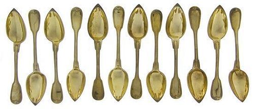 A Set of Twelve French Silver-Plate Gilt Tablespoons, Christofle, Paris, 20th Century, Fiddle Thread pattern, the terminals engr