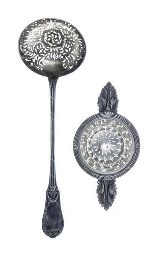 * A French Silver Sugar Sifter and Tea Strainer, Late 19th Century, the sifter with gilt bowl pierced with foliage, with bounded