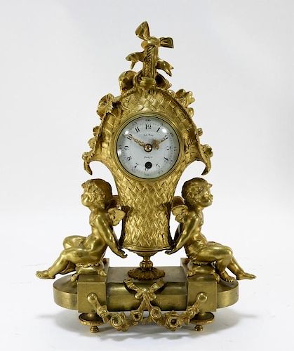 French Gilt Bronze Floral Basket Cherub Clock