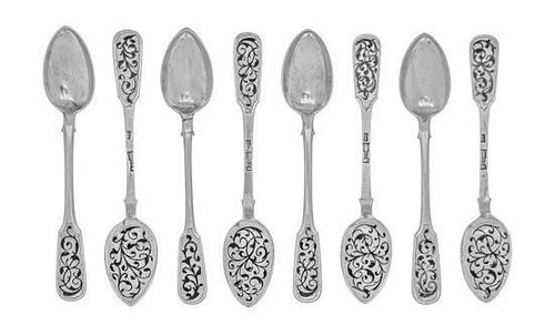Eight Russian Silver and Niello Teaspoons, Fyedor Ivanov, Moscow, 1864 / maker's mark Cyrillic ER, Moscow, 1864, the back of the