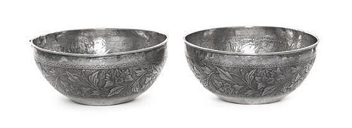 A Pair of Silver Finger Bowls, Early 20th Century, circular, the sides chased and engraved with a band of running flowers and fo