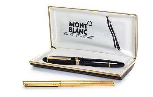 A Gold-Plate Ballpoint Pen and a Black Lacquer Fountain Pen, Dunhill / Mont Blanc, 2nd Half 20th Century, the Dunhill pen with r