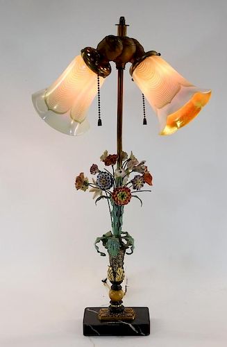 American Tole & Porcelain Floral Art Glass Lamp