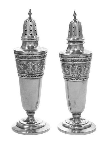 A Pair of American Silver Casters, International Silver Co., Meriden, CT, 20th Century, Wedgwood pattern, the borders decorated