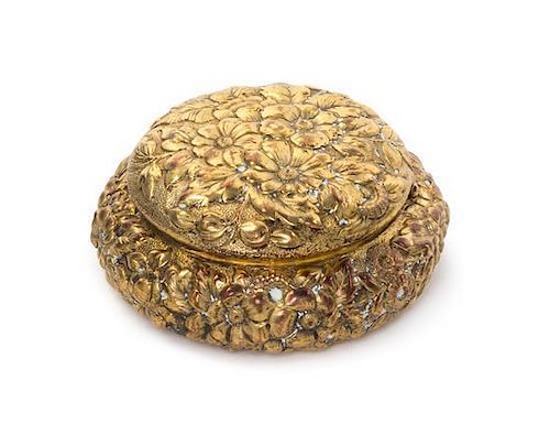 An American Silver-Gilt Pill Box, JE Caldwell, Philadelphia, Early 20th Century, circular, the body and hinged cover engraved ov