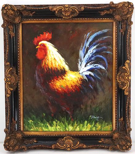 Fantastic Signed Painting of a Rooster, O/C