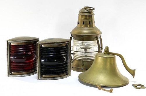 Group of Antique Nautical Colored Lanterns & Bell