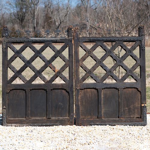 Pair of English Gothic Revival Iron-Mounted Oak Garden Gates