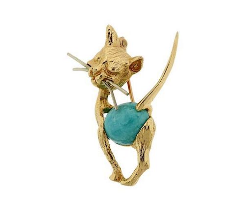 Vintage 14k Gold Turquoise Cat Brooch Pin