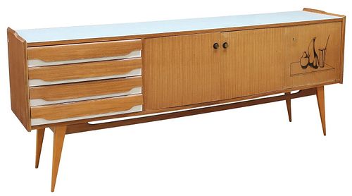 ITALIAN MID-CENTURY MODERN GLASS-TOP SIDEBOARD WITH BAR GRAPHIC