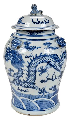 Chinese Blue and White Lidded Porcelain Dragon Jar