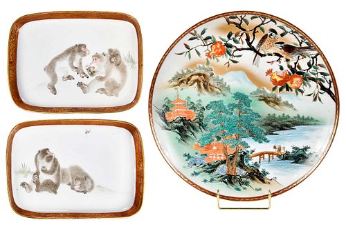 Two Japanese Kutani Porcelain Monkey Plates After Mori Sosen and One Charger