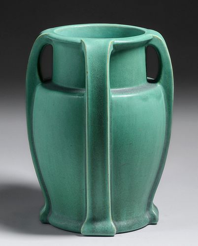 Large Teco Pottery Mattte Green Bulbous Four-Handled Vase c1910