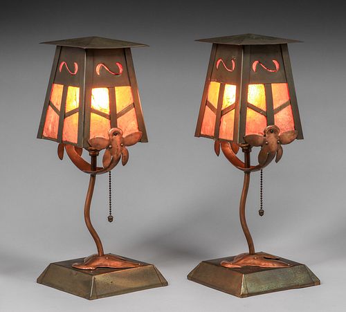 Lueders & Dalrymple (Pasadena) Hammered Copper, Brass & Sea Shell Lamps c1910