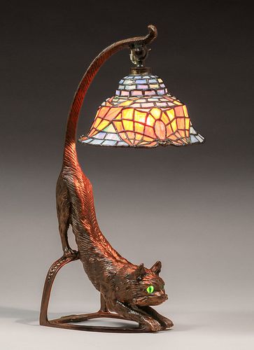 Contemporary  Leaded Glass & Bronze Cat Lamp c2000