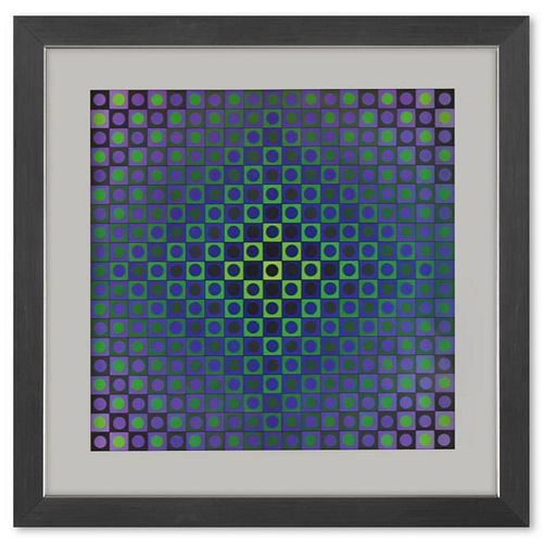 Victor Vasarely (1908-1997), "Boglar de la sÃ©rie Folklore Planetaire" Framed 1971 Heliogravure Print with Letter of Authenticity