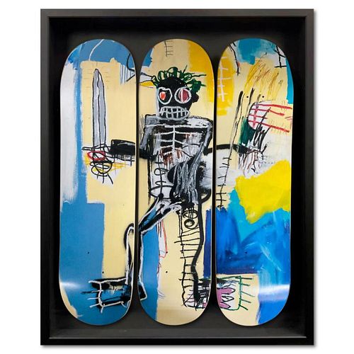 Jean-Michel Basquiat (1960-1988), "Warrior (1982)" Framed Skateboard Triptych, Plate Signed with Letter of Authenticity.