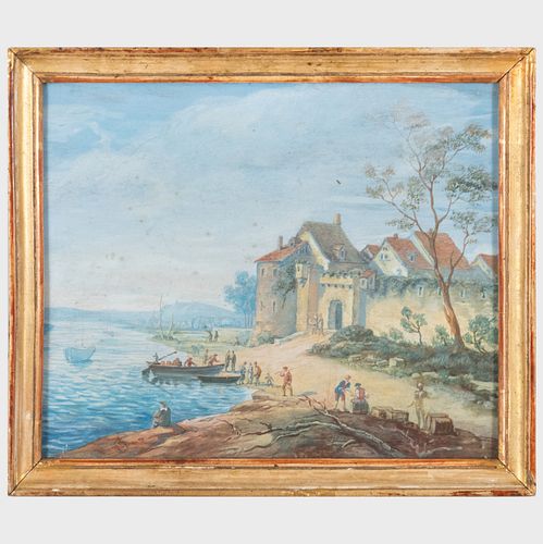 French School: A Lakeside Scene with Castle and Figures