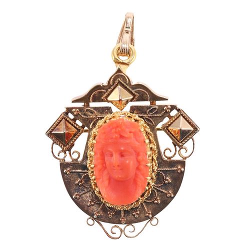 Antique Victorian 18k Gold Coral Cameo Pendant Brooch