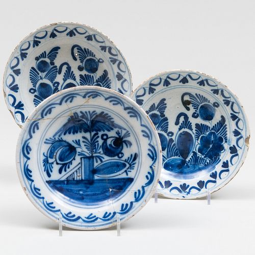 Three Dutch Blue and White Delft Dishes Decorated with Flowers