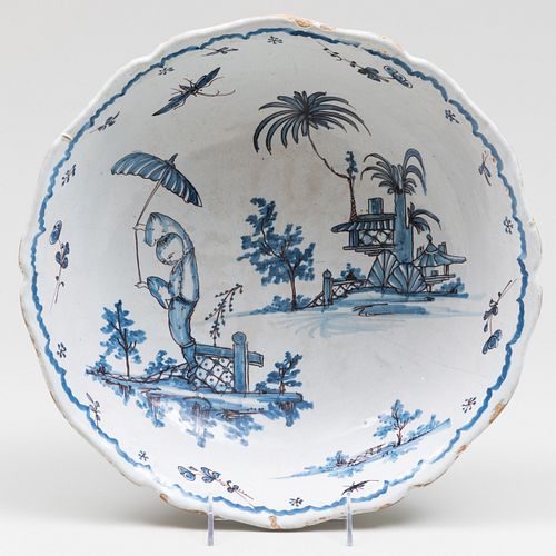 Savona Blue and White Faience Bowl with Chinoiserie Landscape