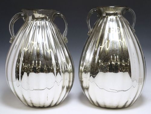 (2) LARGE SILVERED OPTIC FLUTED GLASS TWO-HANDLED VASES, MEXICO