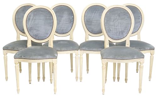 (6) FRENCH LOUIS XVI STYLE UPHOLSTERED & PAINTED DINING CHAIRS