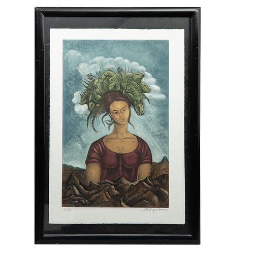 RAÚL ANGUIANO, La mujer de las iguanas, Firmado y fechado 1986, Grabado al aguafuerte 17 / 75, 69 x 43.5 cm, 80 x 55 cm