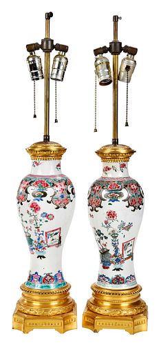 Pair Famille Rose Porcelain Vases as Lamps