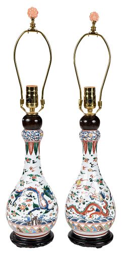 Pair of Chinese Enamel Decorated Porcelain Vases as Lamps