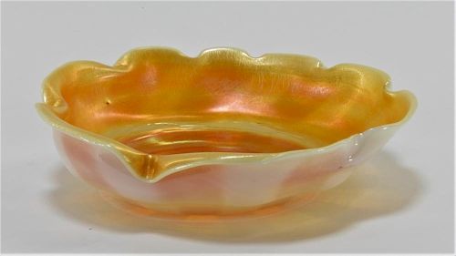 Steuben Gold Calcite Ruffled Swirl Art Glass Bowl
