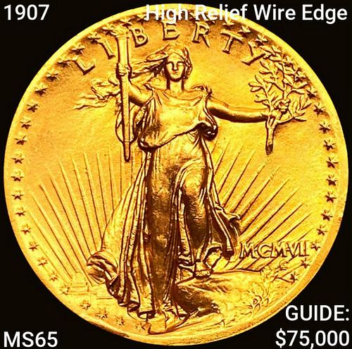 1907 High Relief Wire Edge $20 Gold Double Eagle GEM BU
