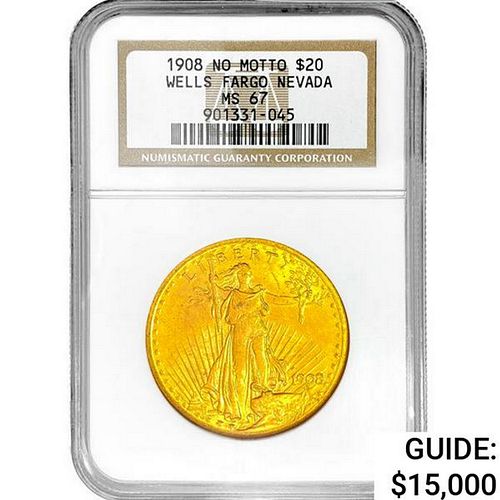 1908 No Motto $20 Gold Double Eagle NGC MS67 Wells