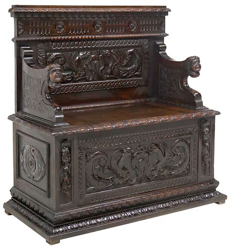 FRENCH RENAISSANCE REVIVAL CARVED WALNUT HALL BENCH